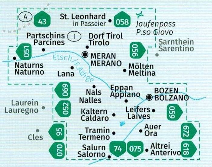 Południowy Tyrol / Sudtiroler Weinstrasse, Merano, Bolzano. Zestaw dwóch map turystycznych 078 wydawnictwa Kompass. Zestaw - zasięg