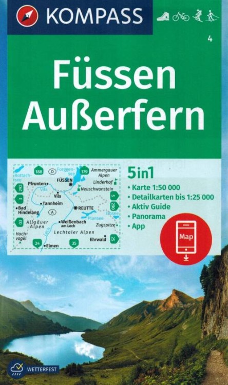 Füssen, Außerfern. Wodoodporna mapa turystyczna 4 wydawnictwa Kompass. Okładka