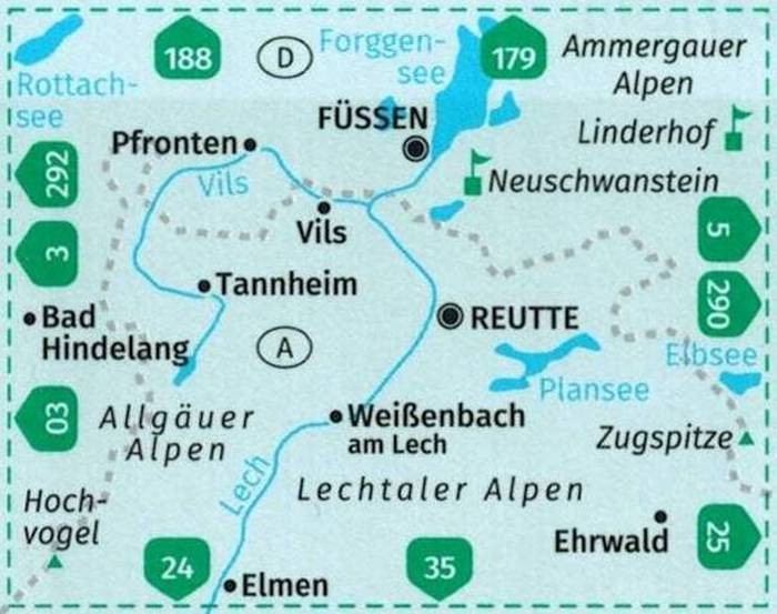 Füssen, Außerfern. Wodoodporna mapa turystyczna 4 wydawnictwa Kompass. Zasięg