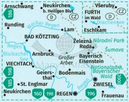 Nördlicher Bayerischer Wald. Wodoodporna mapa turystyczna 195 wydawnictwa Kompass. Zasięg
