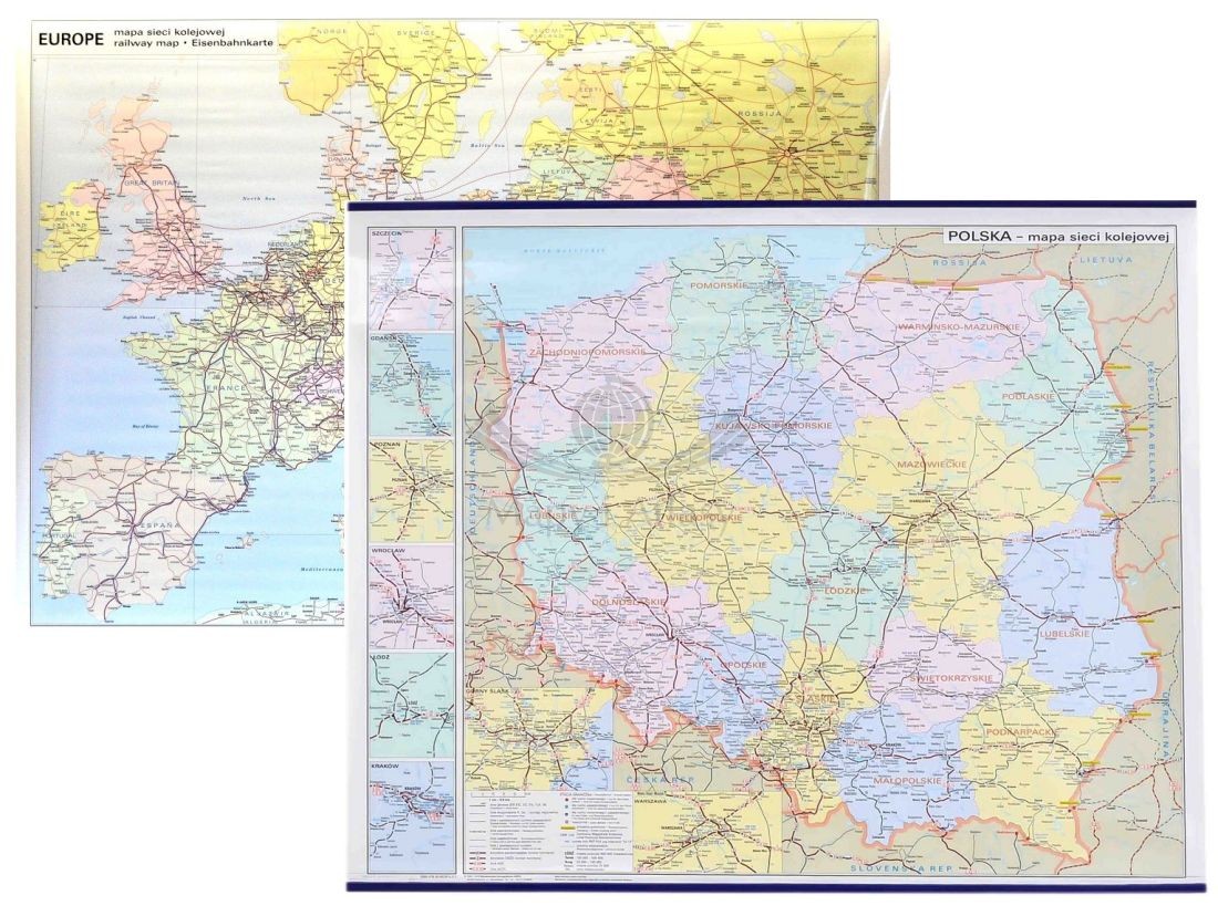 Polska i Europa. Mapa ścienna kolejowa, dwustronna 107 x 70 cm