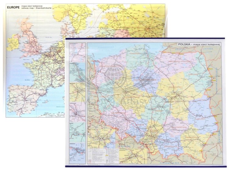 Polska i Europa. Mapa ścienna kolejowa, dwustronna. 107 x 70 cm