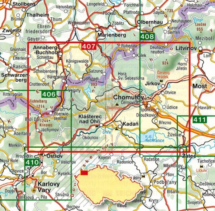 Krusne Hory, Chomutovsko / Rudawy - Erzgebirge. Mapa turystyczna 407 wydawnictwa Shocart. Zasięg