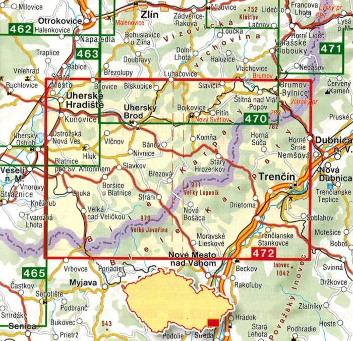Białe Karpaty / Slovacko, Bile Karpaty. Mapa turystyczna 472 wydawnictwa Shocart. Zasięg