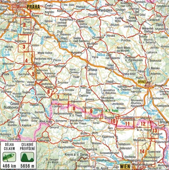 Greenway Praga - Wiedeń. Mapa rowerowo-turystyczna wydawnictwa Shocart. Zasięg
