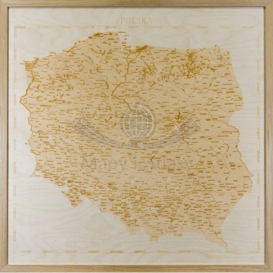 Polska. Drewniana mapa 3D. Grawerowana, 63 x 63 cm