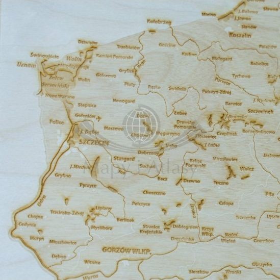 Polska. Mapa 3D. Grawerowana w drewnie. Fragment 1