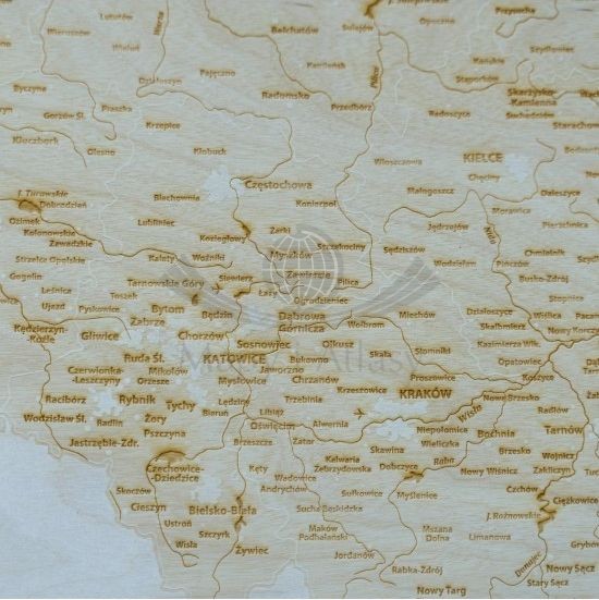 Polska. Mapa 3D. Grawerowana w drewnie. Fragment 2
