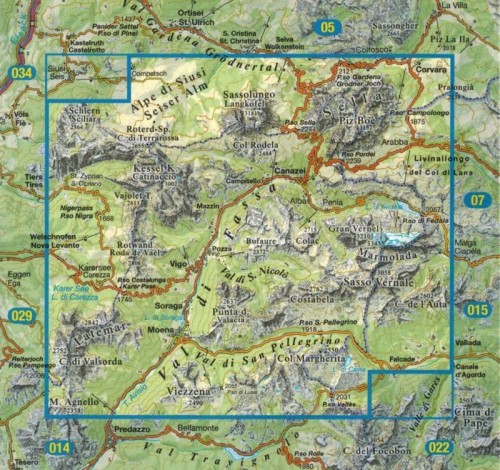 Val di Fassa e Dolomiti Fassane. Mapa turystyczna 06 wydawnictwa Tabacco. Zasięg