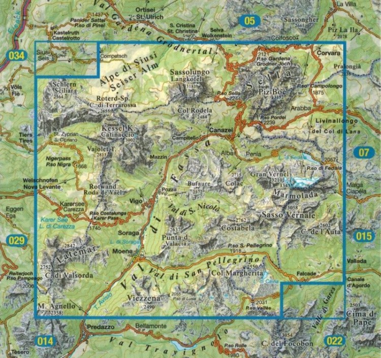 Val di Fassa e Dolomiti Fassane. Mapa turystyczna 06 wydawnictwa Tabacco. Zasięg