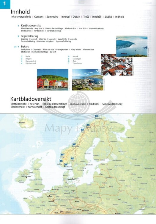 Norwegia 1:250 000 / 1:400 000. Atlas turystyczno-samochodowy wydawnictwa Freytag & Berndt. Plany miast - spis