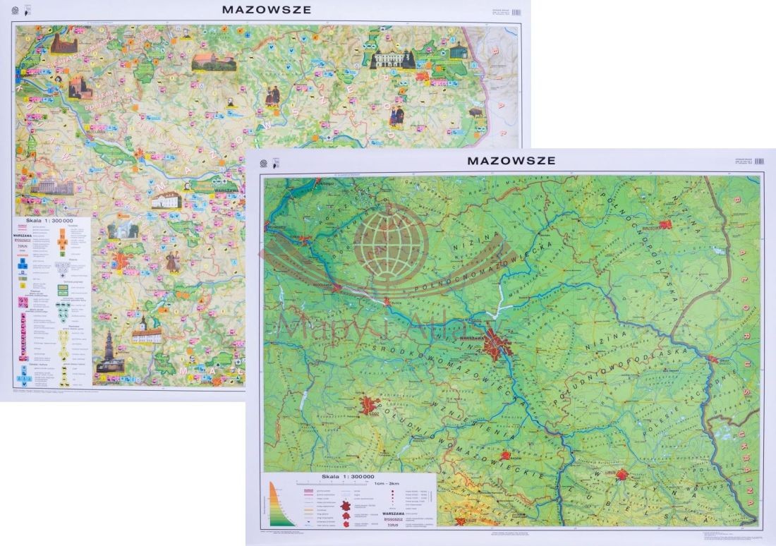 Mazowsze. Mapa ścienna regionalna. Fizyczna / krajobrazowa