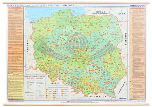 Polska. Dwustronna mapa ścienna krajoznawcza. Wydawnictwo: Meridian. Historia i kultura