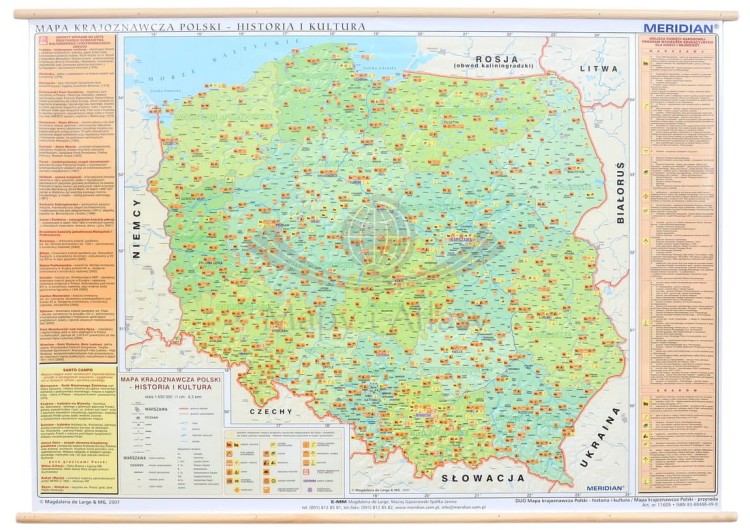 Polska. Dwustronna mapa ścienna krajoznawcza. Wydawnictwo: Meridian. Historia i kultura