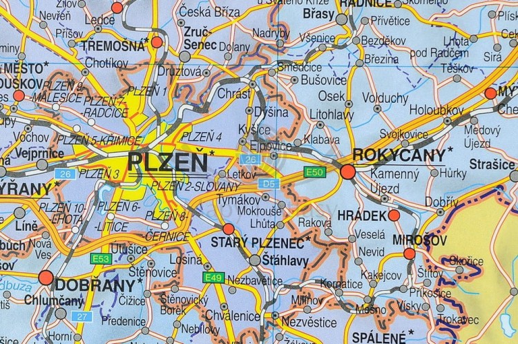Czechy. Mapa ścienna administracyjno-drogowa. Fragment 6