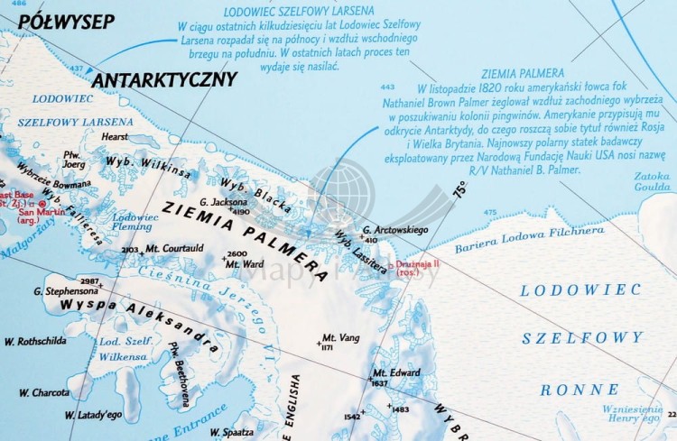 Antarktyda 1:4 500 000. Mapa ścienna fizyczna. Drewniane półwałki. Fragment 1