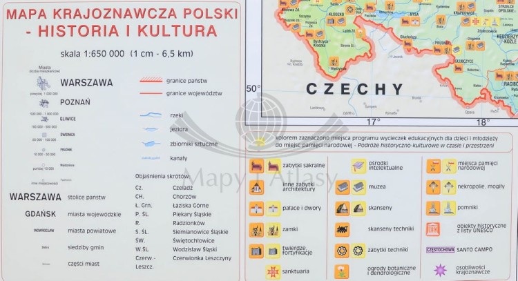 Polska. Dwustronna mapa ścienna krajoznawcza. Wydawnictwo: Meridian. Historia i kultura - legenda