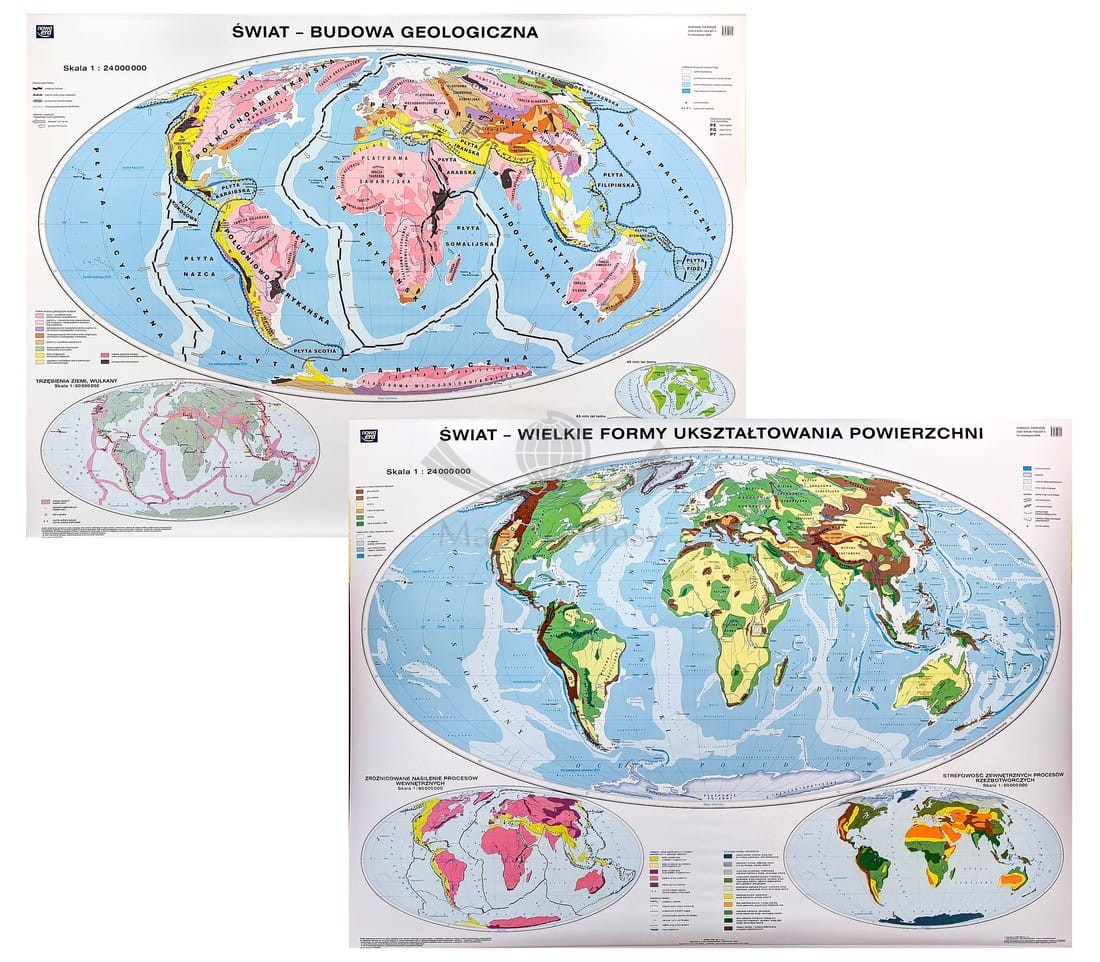 Świat. Budowa geologiczna / Wielkie formy ukształtowania powierzchni. Dwustronna mapa ścienna.