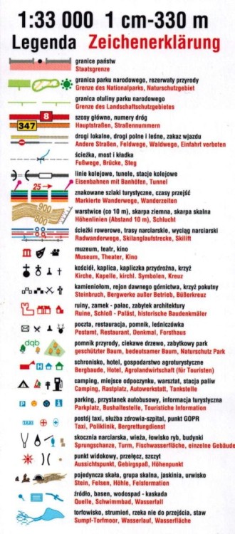 Park Narodowy Gór Stołowych 1:33 000. Laminowana mapa turystyczna wydawnictwa Galileos. Legenda