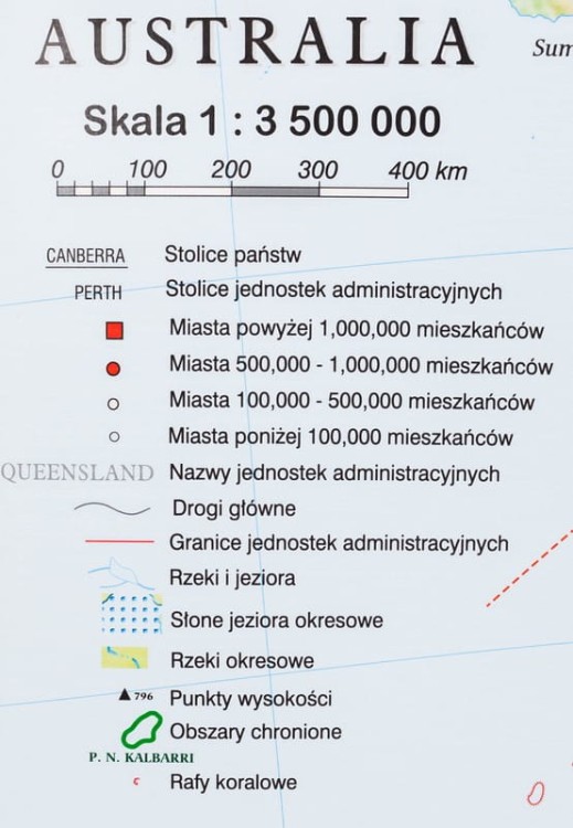Australia 1:3 500 000. Mapa ścienna fizyczna wydawnictwa Meridian. Legenda