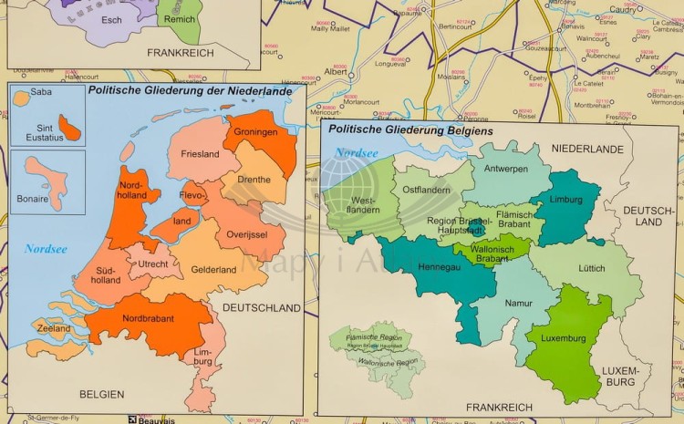 Beneluks 1:420 000. Belgia, Holandia, Luksemburg. Mapa administracyjna z kodami pocztowymi w ramie drewnianej. Wydawnictwo: Stiefel. Fragment 7