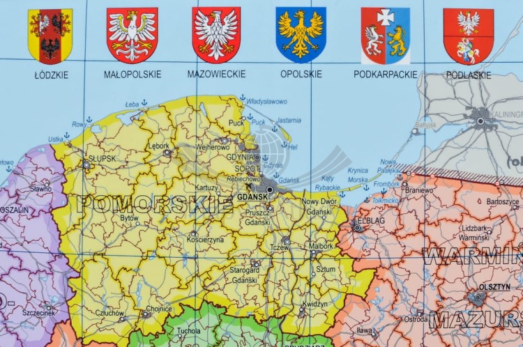 Polska. Mapa fizyczna i administracyjna. Podkładka na biurko. Fragment 6