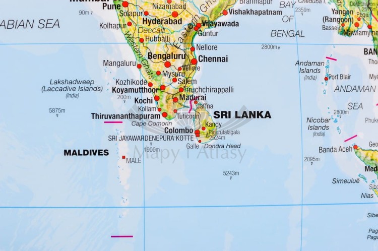 Świat 1:30 000 000. Mapa fizyczna z elementami środowiska w ramie drewnianej. Wydawnictwo: Maps International. Fragment 4
