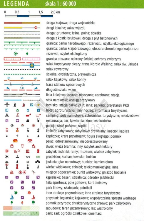Kaszuby dla rowerzystów i piechurów 1:60 000. Wodoodporna mapa turystyczna wydawnictwa Galileos. Legenda