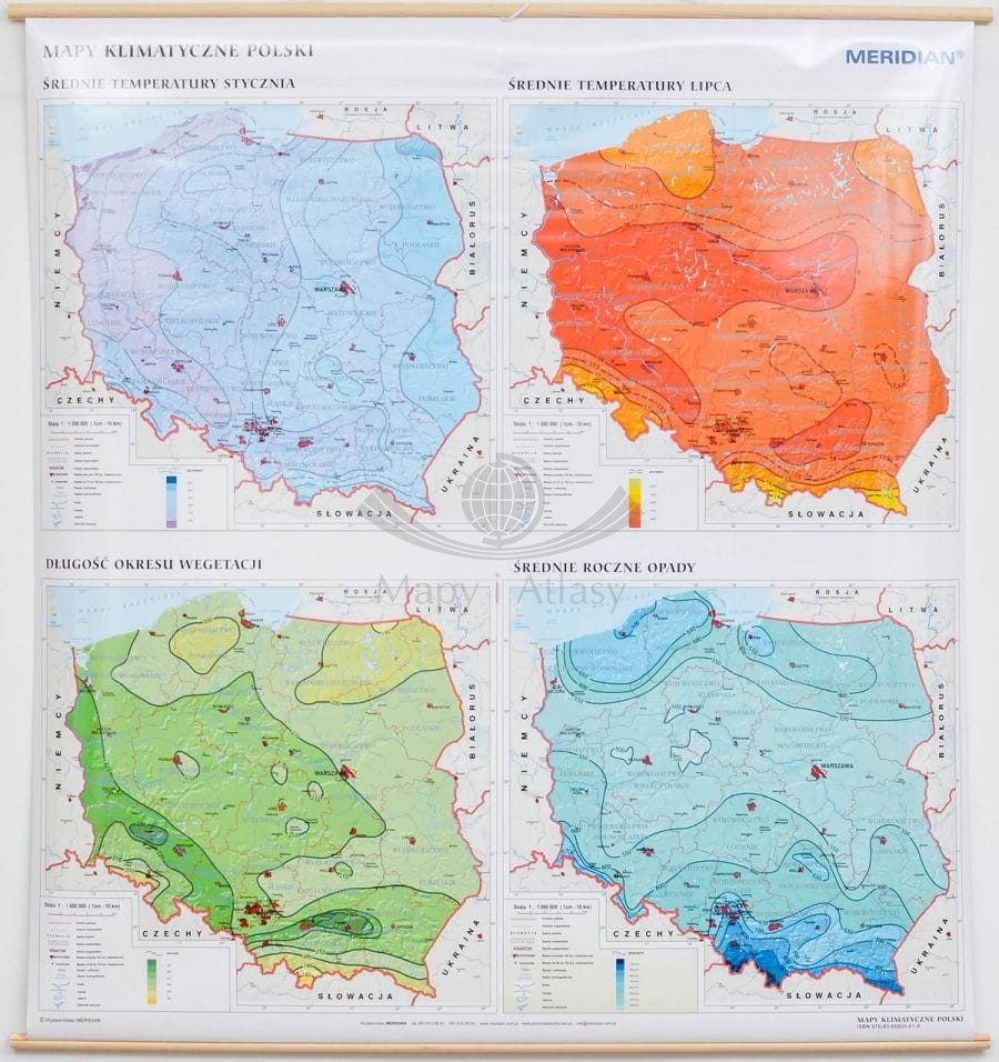 Polska. Mapy klimatyczne Polski. Mapa ścienna. Drewniane półwałki