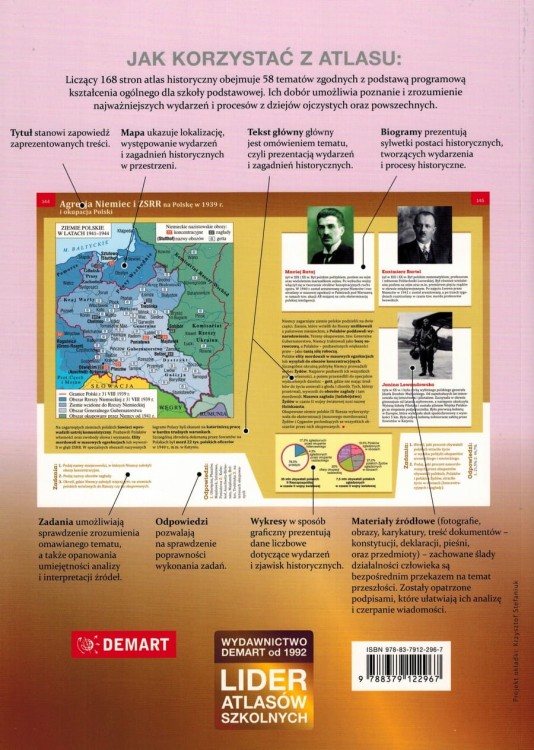 Atlas historyczny dla klas 5-8 szkoły podstawowej wydawnictwa Demart. Okładka tył