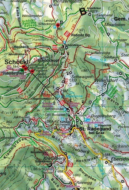 Graz i okolice. Region Hugelland-Schocklland, Gleisdorf, Weiz, Raabklamm. Mapa turystyczna wydawnictwa Freytag & Berndt. Fragment 1