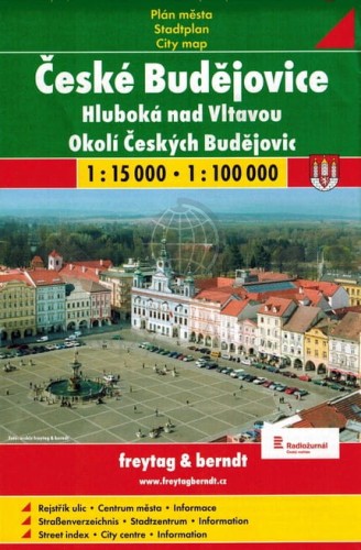 Czeskie Budziejowice, Hluboka nad Wełtawą i okolice. Plan miasta / Mapa turystyczna wydawnictwa Freytag & Berndt. Okładka