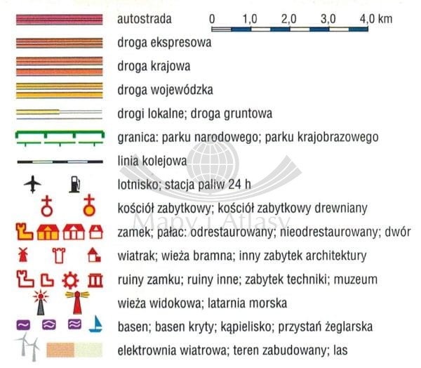 Kaszuby 1:130 000. Wodoodporna, ilustrowana mapa atrakcji turystycznych wydawnictwa Galileos. Legenda
