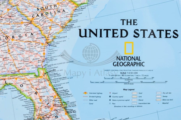 USA 1:4 561 000. Mapa polityczna w ramie drewnianej. Wydawnictwo: National Geographic. Legenda