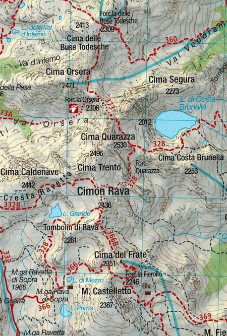 Dolomity. Zestaw czterech map turystycznych 672 wydawnictwa Kompass. Mapa 4 - fragment