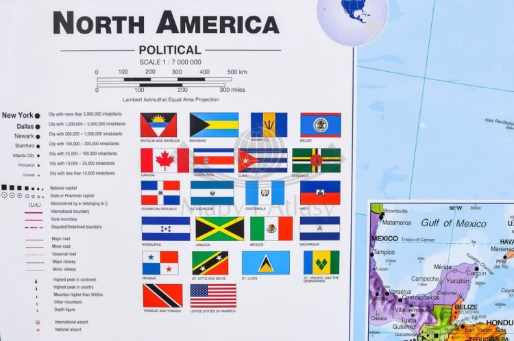 Ameryka Północna 1:7 000 000. Mapa polityczna w wersji do wpinania wydawnictwa Maps International. Legenda
