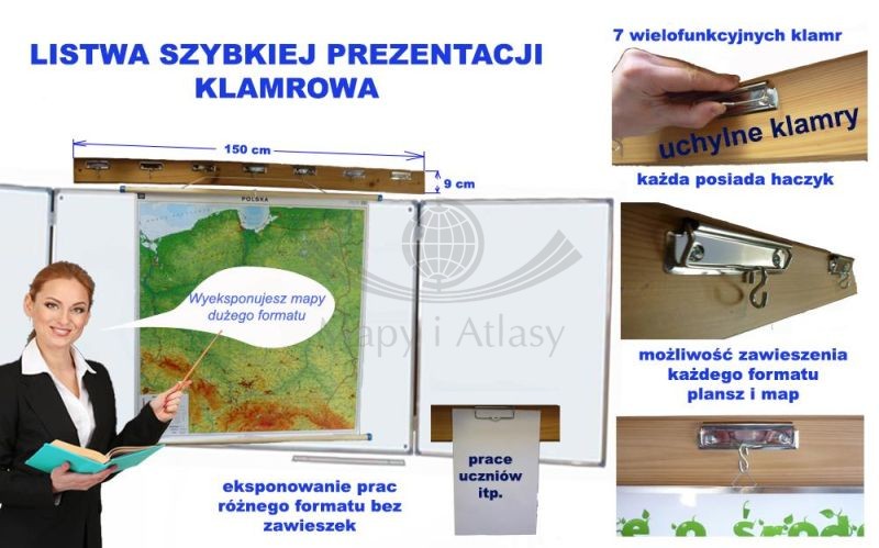 Ścienna listwa szybkiej ekspozycji do map i plansz - klamrowa. Wieszak PHU035