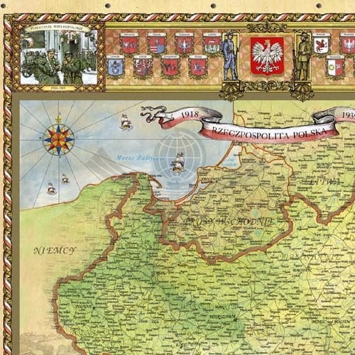 Rzeczpospolita Polska 1918-1939. Mapa ścienna ozdobna. Pergamena . Fragment 1