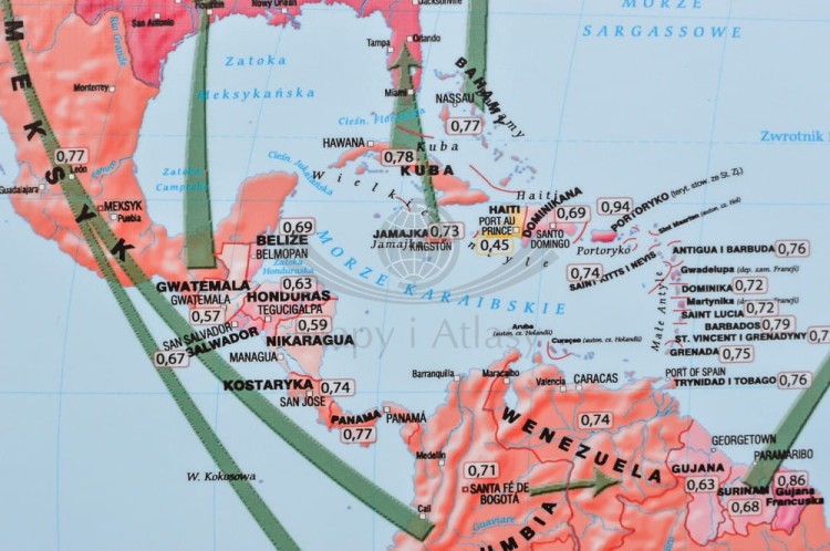 Świat 1:37 000 000. Zróżnicowanie gospodarcze i społeczne. Mapa ścienna wydawnictwa Meridian. Fragment 8