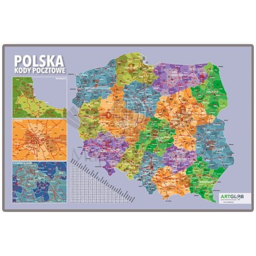 Polska. Mapa. Kody pocztowe. Mapa w ramie drewnianej. ArtGlob