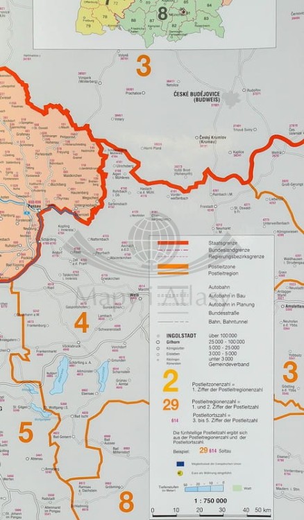 Niemcy 1:750 000. Mapa administracyjna z kodami pocztowymi w wersji do wpinania. Wydawnictwo: Stiefel. Fragment 9