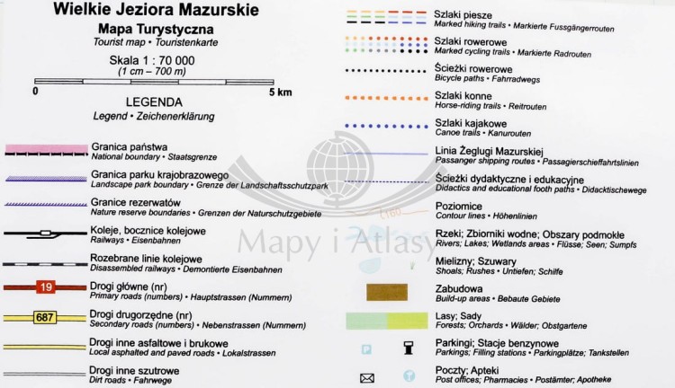 Mazury / Wielkie Jeziora Mazurskie. Mapa w ramie drewnianej. Legenda 1