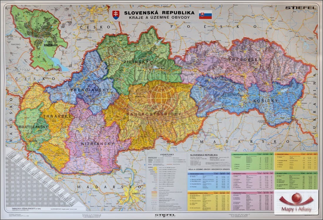 Słowacja 1:350 000. Mapa ścienna administracyjno-drogowa