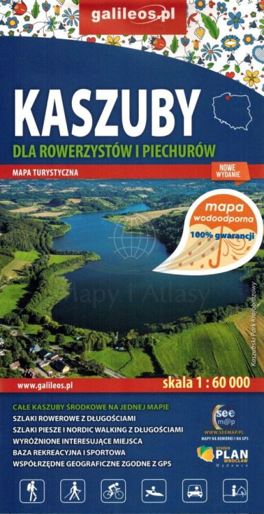Kaszuby dla rowerzystów i piechurów 1:60 000. Wodoodporna mapa turystyczna wydawnictwa Galileos. Okładka