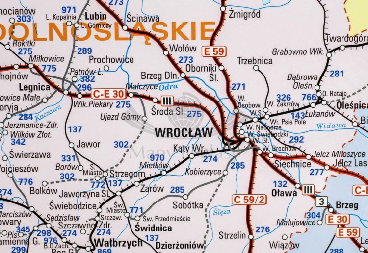 Polska i Europa. Mapa ścienna kolejowa, dwustronna. 107 x 70 cm. Strona 1 - fragment 5