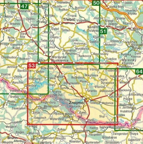 Zapora Wranowska / Podyji - Thayatal, Vranovska prehrada. Mapa turystyczna 53 wydawnictwa Shocart. Zasięg