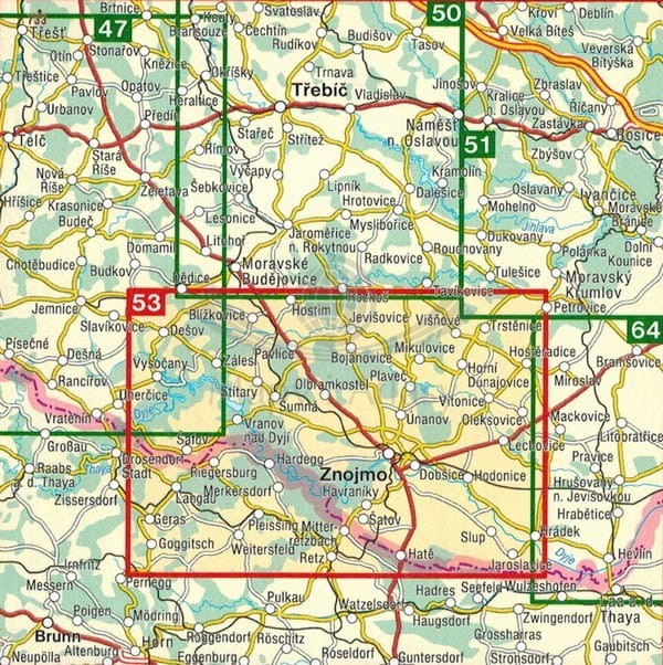 Zapora Wranowska / Podyji - Thayatal, Vranovska prehrada. Mapa turystyczna 53 wydawnictwa Shocart. Zasięg