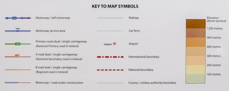 Wyspy Brytyjskie / Wielka Brytania i Irlandia 1:1 000 000. Mapa ścienna fizyczno-drogowa. Legenda
