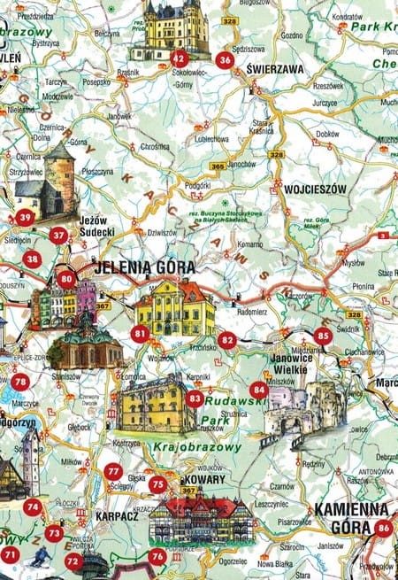 Dolny Śląsk - atrakcje turystyczne (wersja polsko - niemiecka). Mapa samochodowo-turystyczna wydawnictwa Galileos. Fragment 1