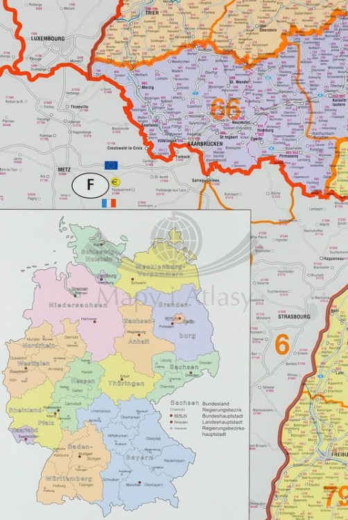 Niemcy 1:750 000. Mapa administracyjna z kodami pocztowymi w wersji magnetycznej. Wydawnictwo: Stiefel. Fragment 8